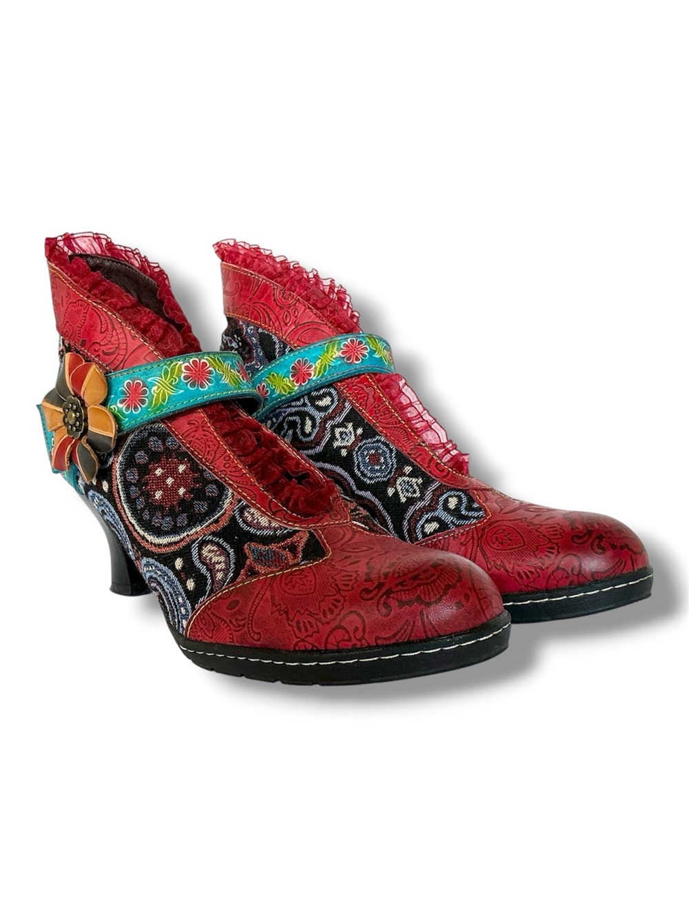 Socofy Floral Leather & Tapestry Ankle Bootie Pumps EU Size 41/US 10 - Picture 2 of 14